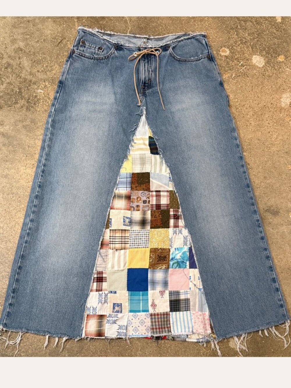 Y2K Vintage Levi’s Reworked Denim Maxi Skirt Patchwork Quilt Insert Raw Hem Boho